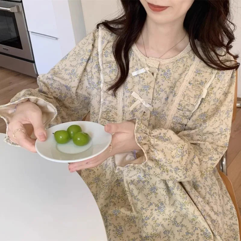 Women Plus Size Pajamas Garden Style Student Homewear Two-Piece Korean Version of the Bow Can Be Worn Outside Long-Sleeved Women
