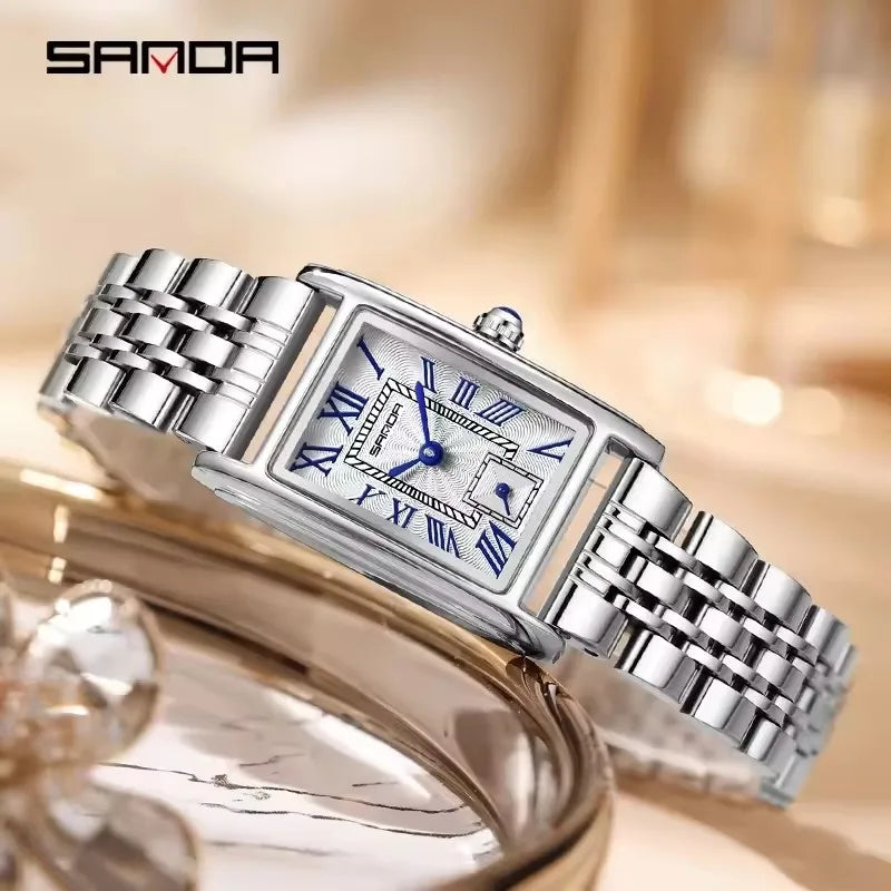 SANDA 1116 Elegant Women's Quartz Watch Casual Rectangular Waterproof Steel Leather Strap Casual Business Women's Watch часы