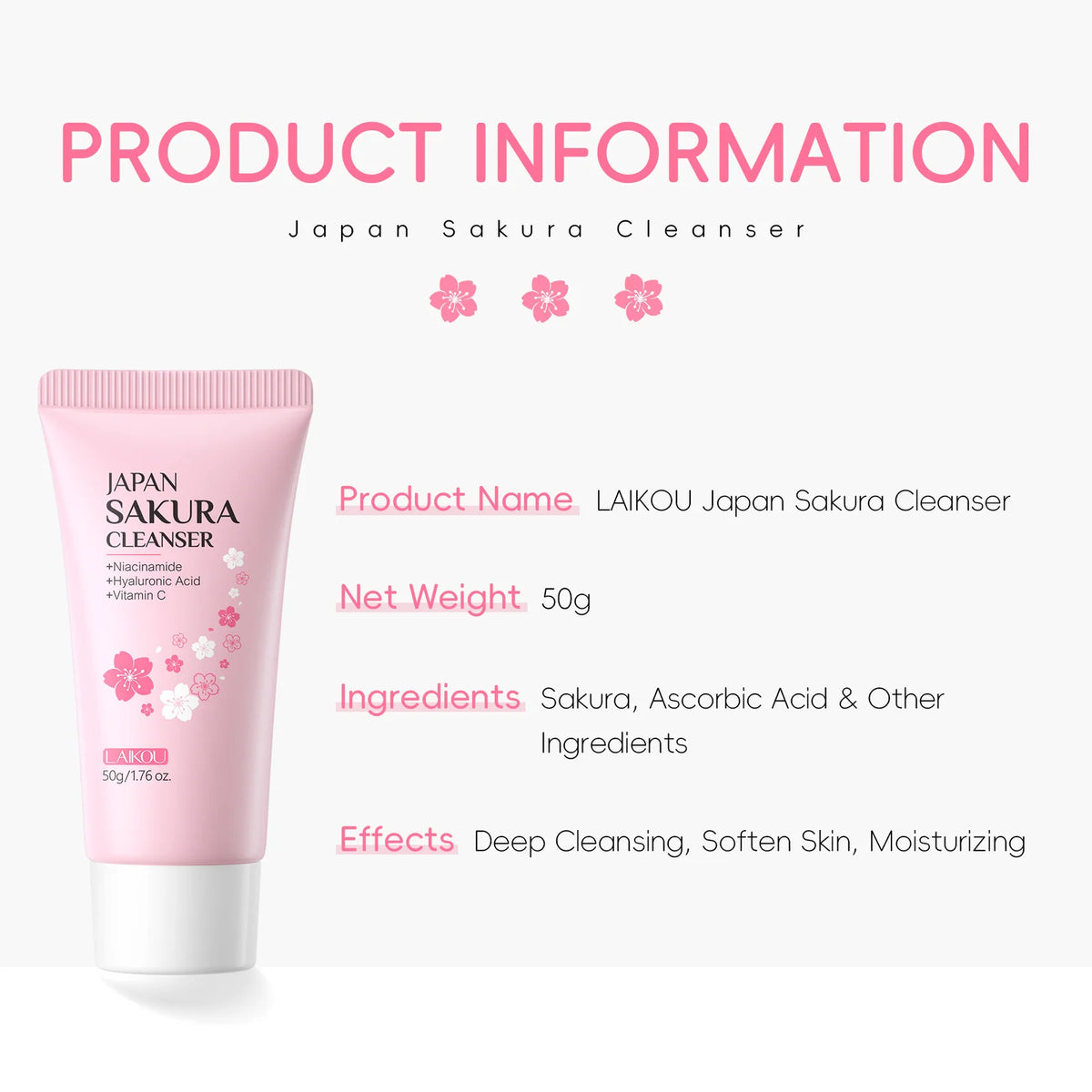 Laikou Japan Sakura Gentle Face Wash Hydrating Oil Control Niacinamide Hyaluronic Acid Daily Facial Cleanser For All Skin Types