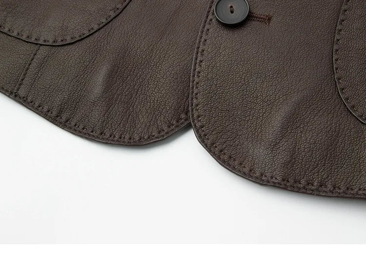 Women's Autumn Clothing European High Quality Sheepskin Casual O-Neck Single-Breasted Coffee Litchi Stria Genuine Leather Jacket