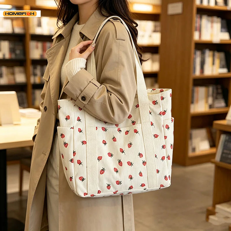 HOMEFISH Corduroy Strawberry Handbag Large Capacity Women Tote Bag Versatile Shoulder Commuter Beach Bag