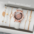 6PCS/Set Fashion Heart Dial Women's Watch Casual Leather Band Analog Quartz Watch Leaf Bracelets Set（Without Box）