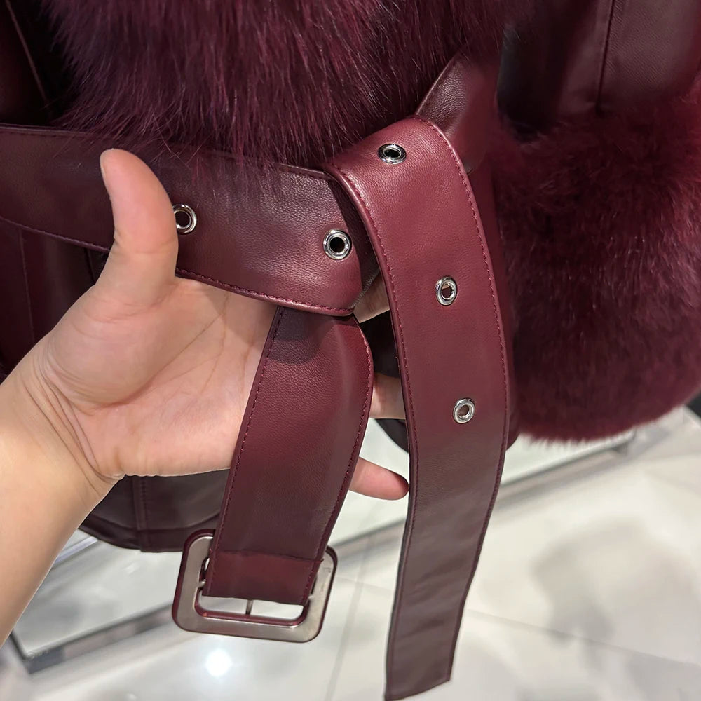 YOLOAgain Women's Real Fox Fur Collar Sheepskin Leather Jacket Coat Autumn 2025