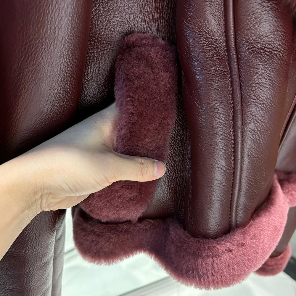 YOLOAgain Burgundy Shearling Jacket With Hood Women 2025 Winter Real Leather Jacket Coat