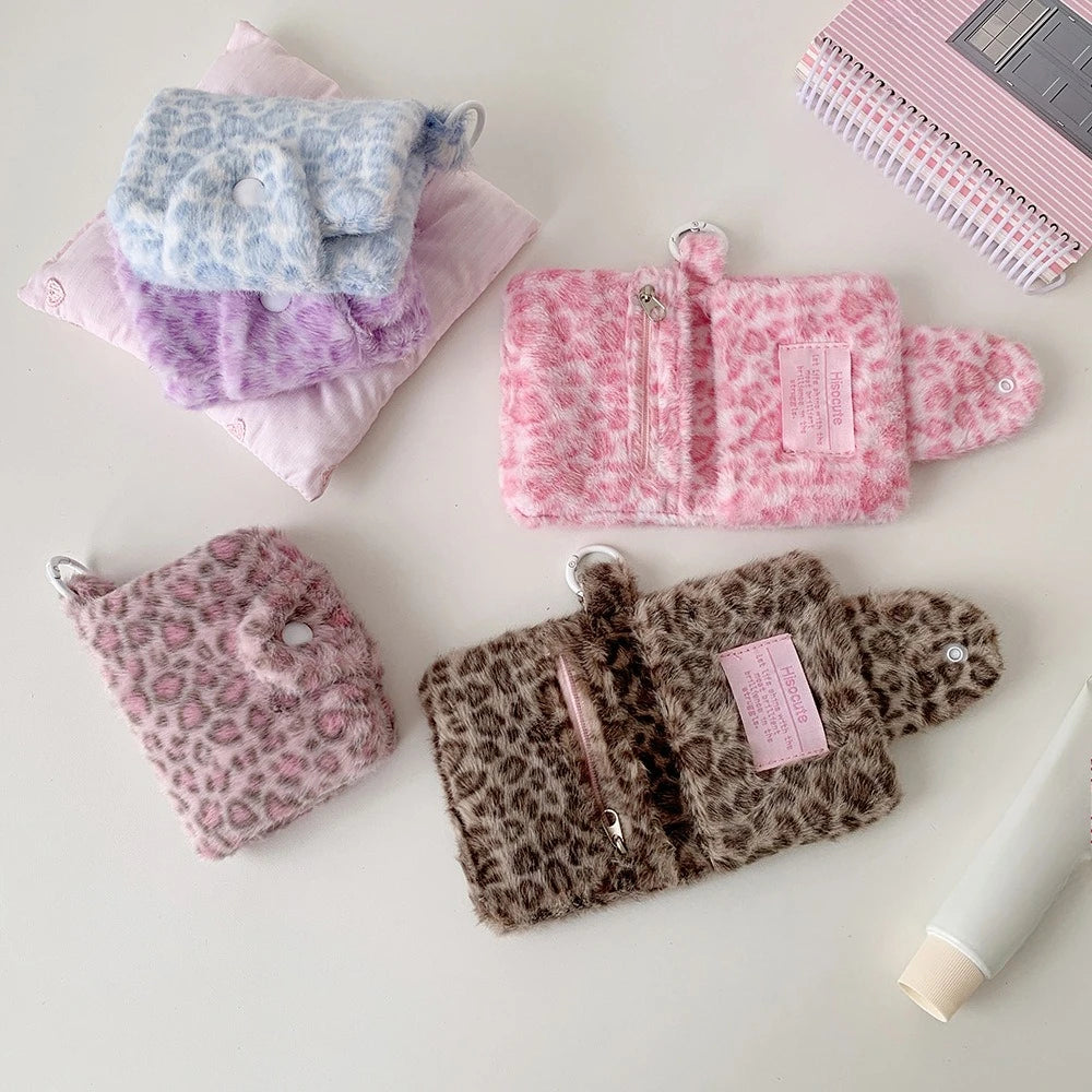 Leopard Pattern Plush Coin Purse Cute Wallet Card Bag Korean Fashion Wallet Card Holder for Girl Portable Cute Small Storage Bag