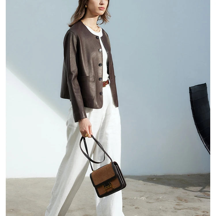 Women's Autumn Clothing European High Quality Sheepskin Casual O-Neck Single-Breasted Coffee Litchi Stria Genuine Leather Jacket