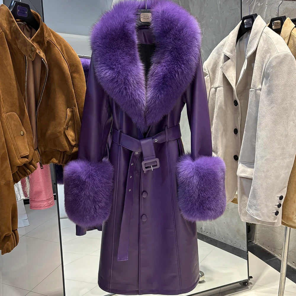 YOLOAgain Burgundy Real Fox Fur Collar Leather Trench Coat Women Genuine Leather Jacket Long Female