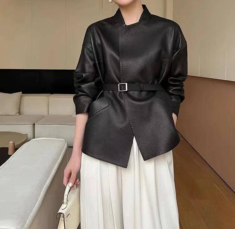 Japanese Style 2025 New Sheepskin Leather Coat for Women Elegant Square Neck Veins Skin Belt Short Jackets Coffee Jaqueta Couro