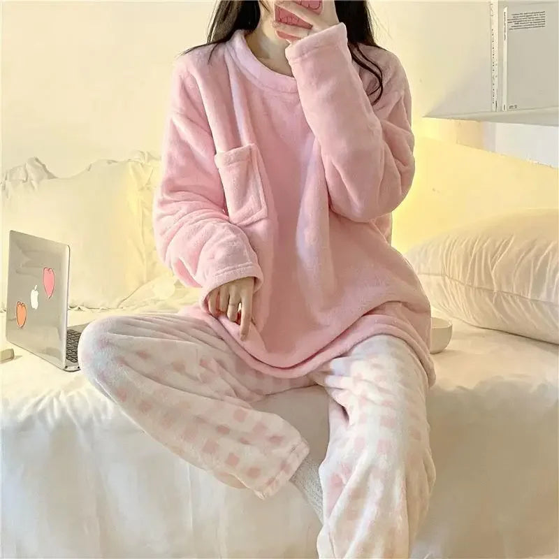 CHUANGERM Women's Casual Winter Fleece Pajamas Set, Thick Warm Soft Plaid Top And Pants Home Suit Pyjamas