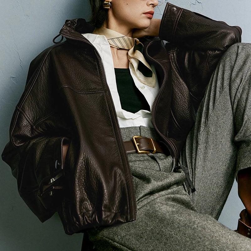 Real Leather Jacket Women Autumn High Stand Collar Drawstring Double Zippers Locomotive Retro Short Sheepskin Coat Kurtka Damska
