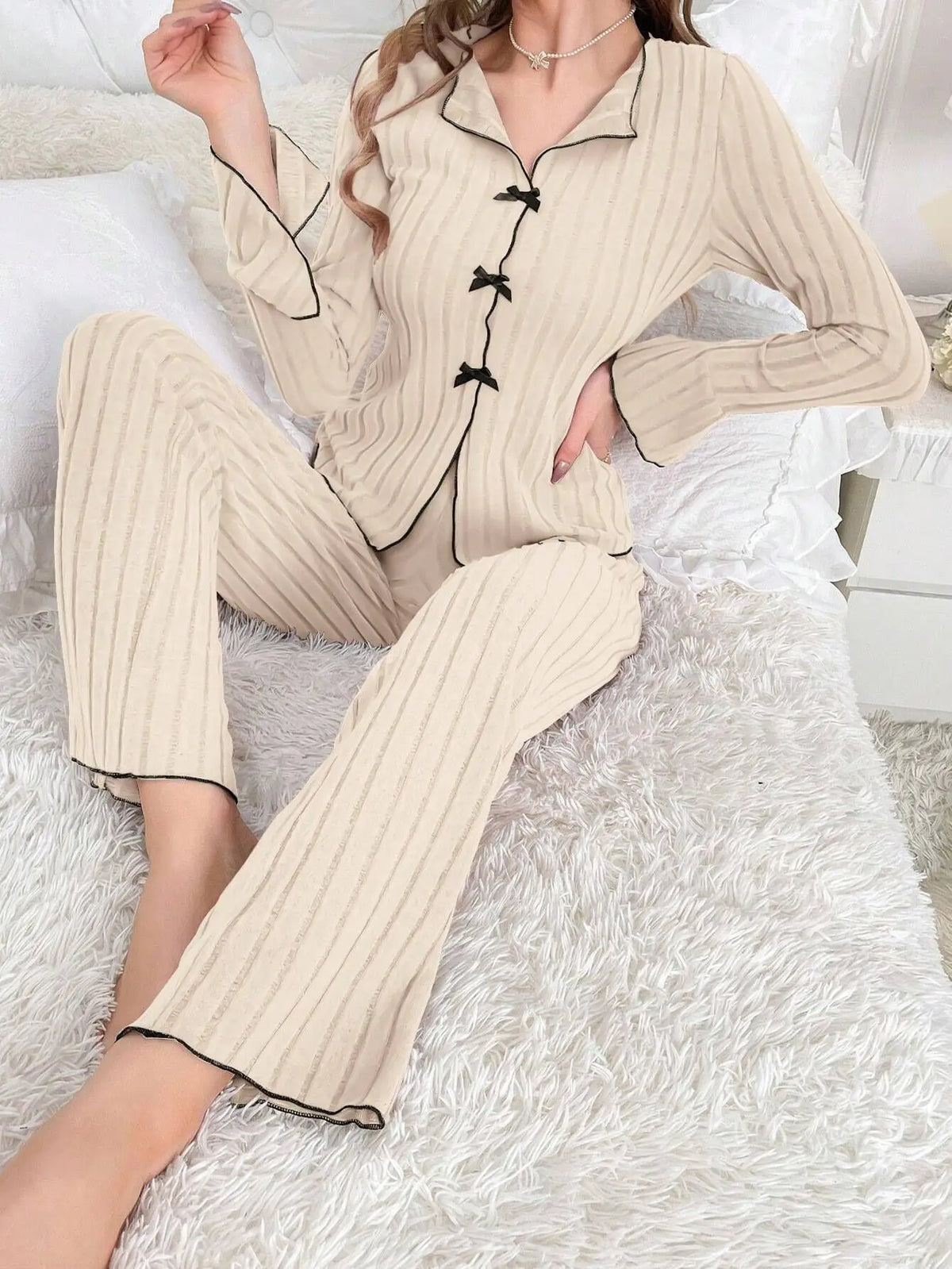 2-Piece Women's Autumn and Winter Pure Color Elegant Bow Women's Simple Long-Sleeved Pants Pajama Set Leisure home clothing