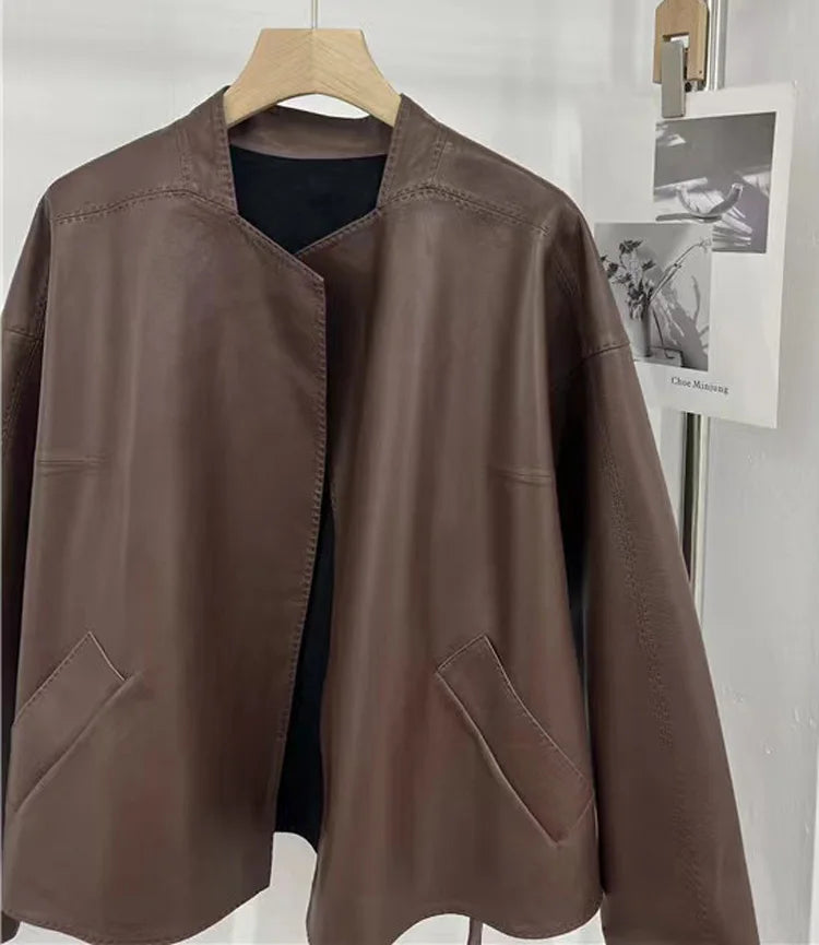 Japanese Style 2025 New Sheepskin Leather Coat for Women Elegant Square Neck Veins Skin Belt Short Jackets Coffee Jaqueta Couro