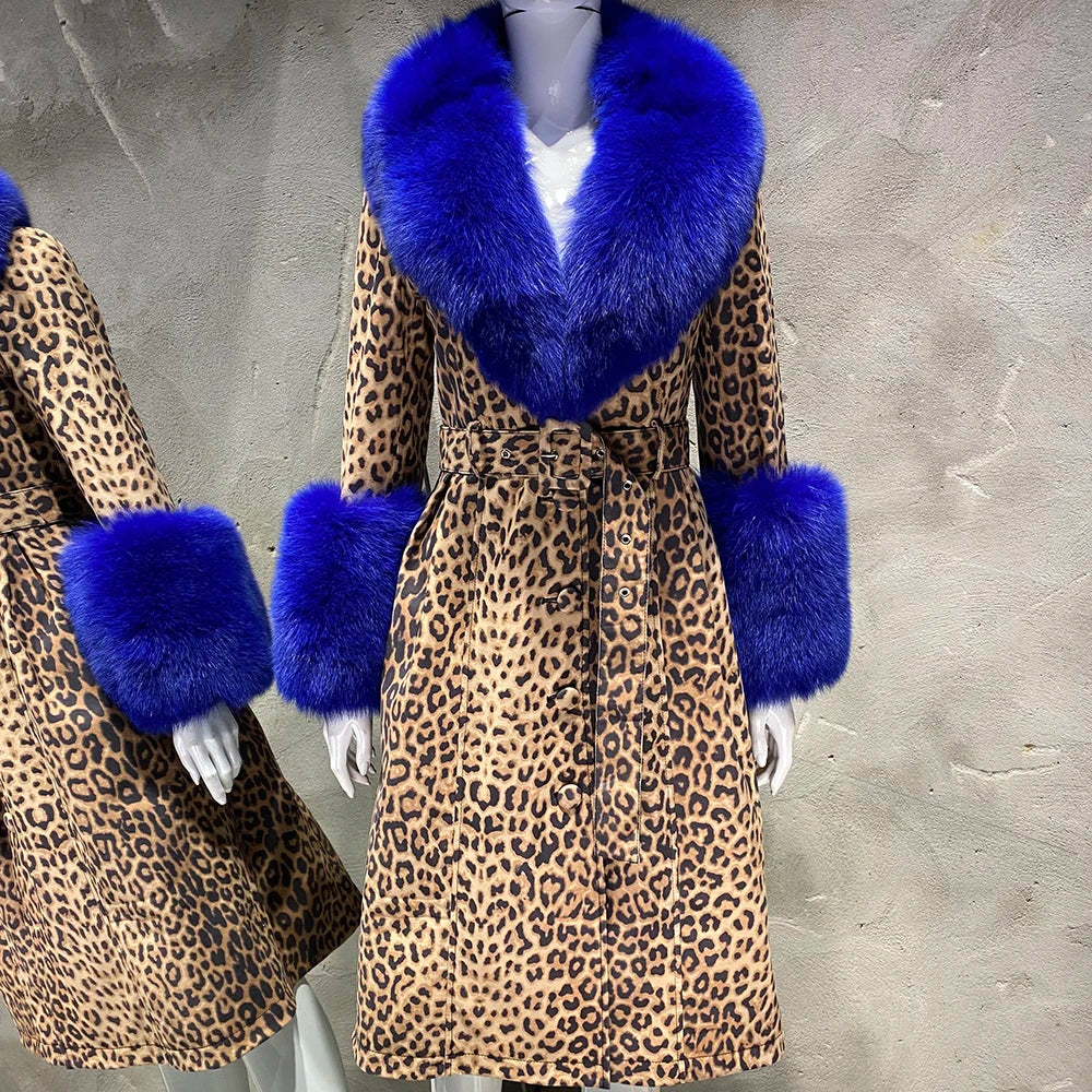 YOLOAgain Women's Detachable Fox Fur Collar Real Leather Jacket Long Navy Blue Jacket