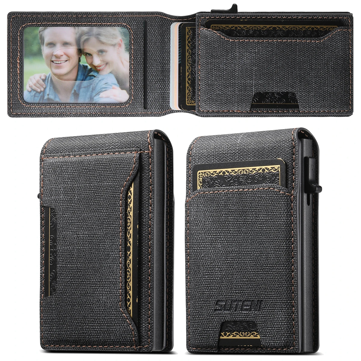 Push-out Card High Quality Faux Leather Card Holder Wallet Holder Large Capacity Can Hold 1-12 Cards 1 Photo Black/Brown/Blue