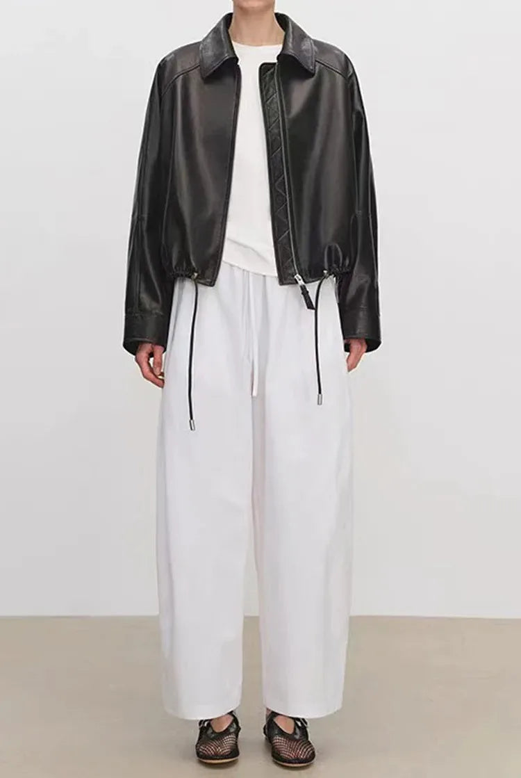 Real Leather Clothing for Women Lapel Drawstring Silhouette Short Coat Female Genuine Sheepskin Balloon Jacket Bomber Femme