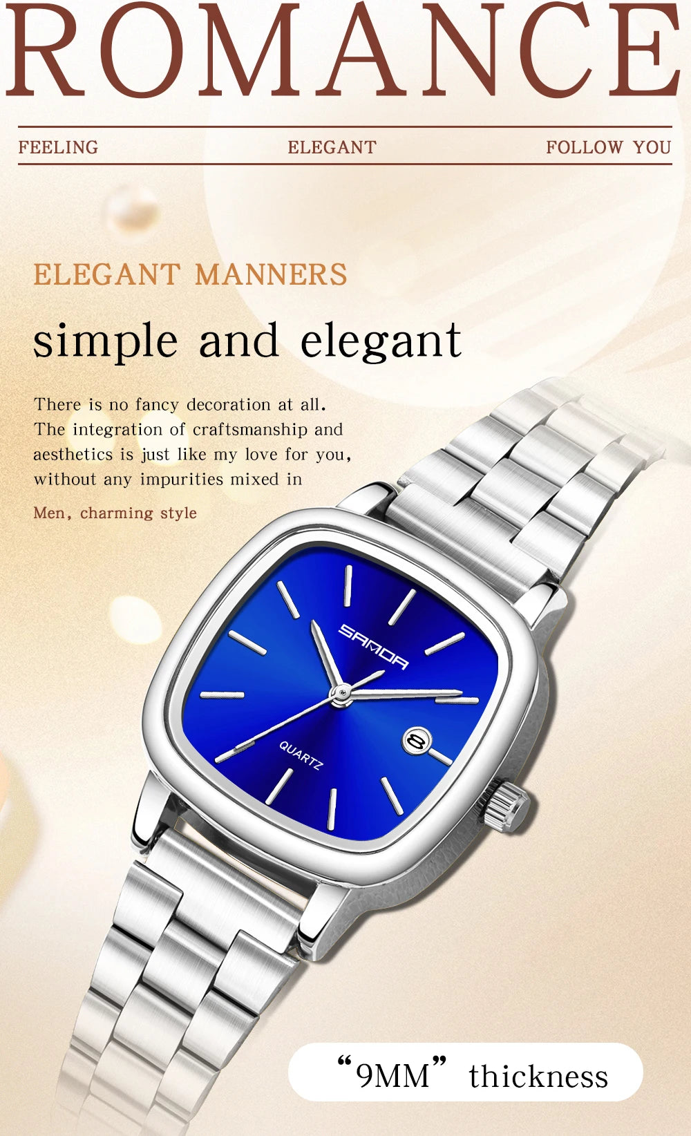 Sanda 2026 Couple Quartz Watch Men's and Women's Square Watch 3ATM Waterproof Calendar Simple and Elegant Women's Watch 3278