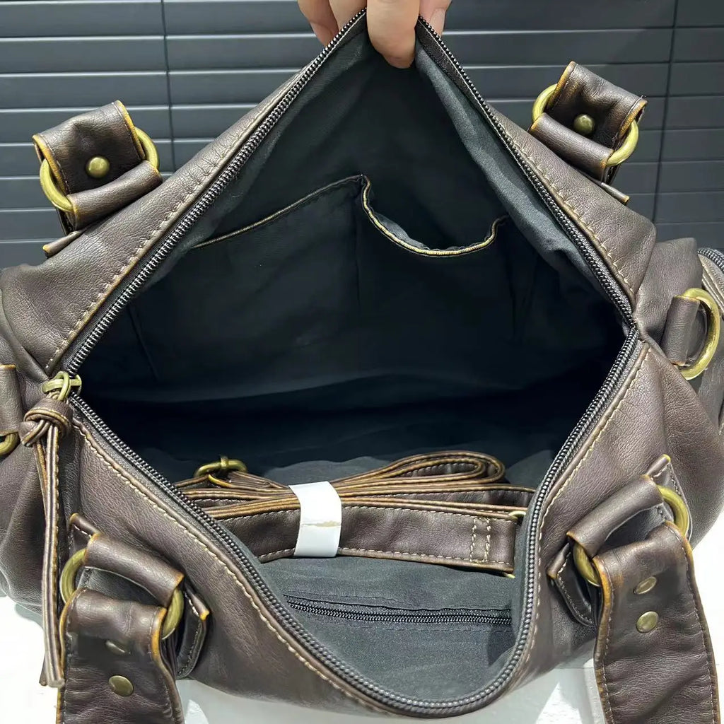 Y2K Hot Girl Single Shoulder Crossbody Bag Vintage Washed Leather Motorcycle Bag Large Capacity Multi Pocket Bag