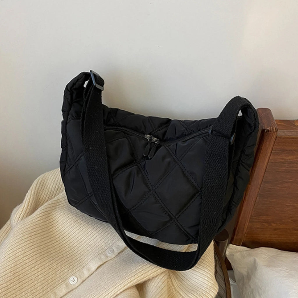 Black diamond check embroidered thread large capacity down Cloud Women's shoulder crossbody dumpling bag (without pendant)