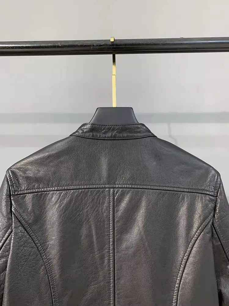 Autumn Fashion Genuine Leather Women Short Jacket Stand Collar Zipper Coat Top Work Lady Slim Fit Jackets Casual Black Outerwear