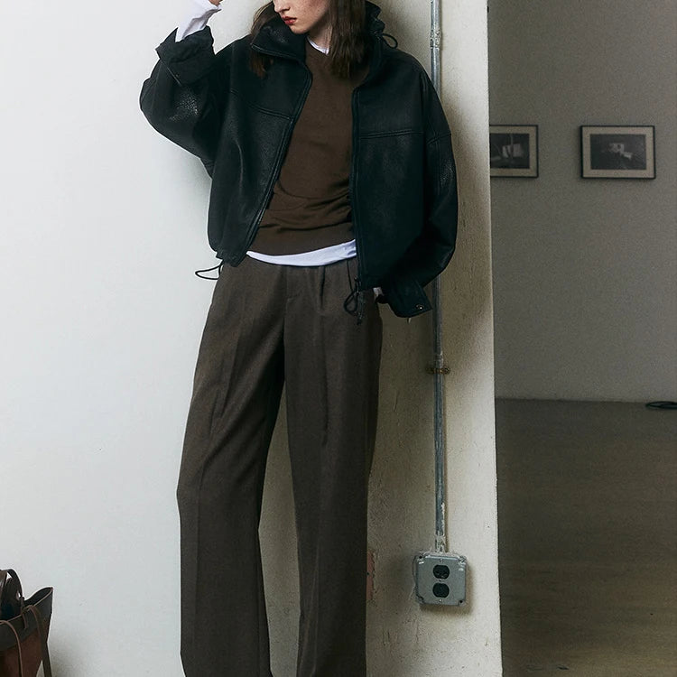 Real Leather Jacket Women Autumn High Stand Collar Drawstring Double Zippers Locomotive Retro Short Sheepskin Coat Kurtka Damska