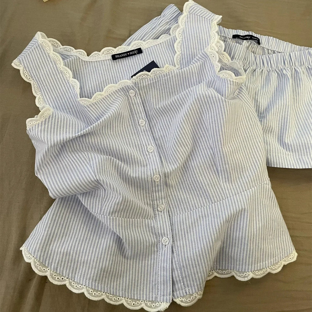 Striped Women Pajamas Summer Sleepwear Sleeveless Shorts Sets 2 Pieces Lace Night Wears Tank Korean Sleeping Home Suit 2025 New