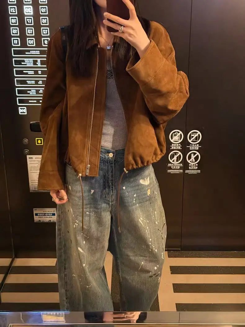 Suede Leather Flower Bud Jacket for Women Trendy Kid Suede Drawstring Silhouette Short Coat Streetwear Chill Casaco Feminino