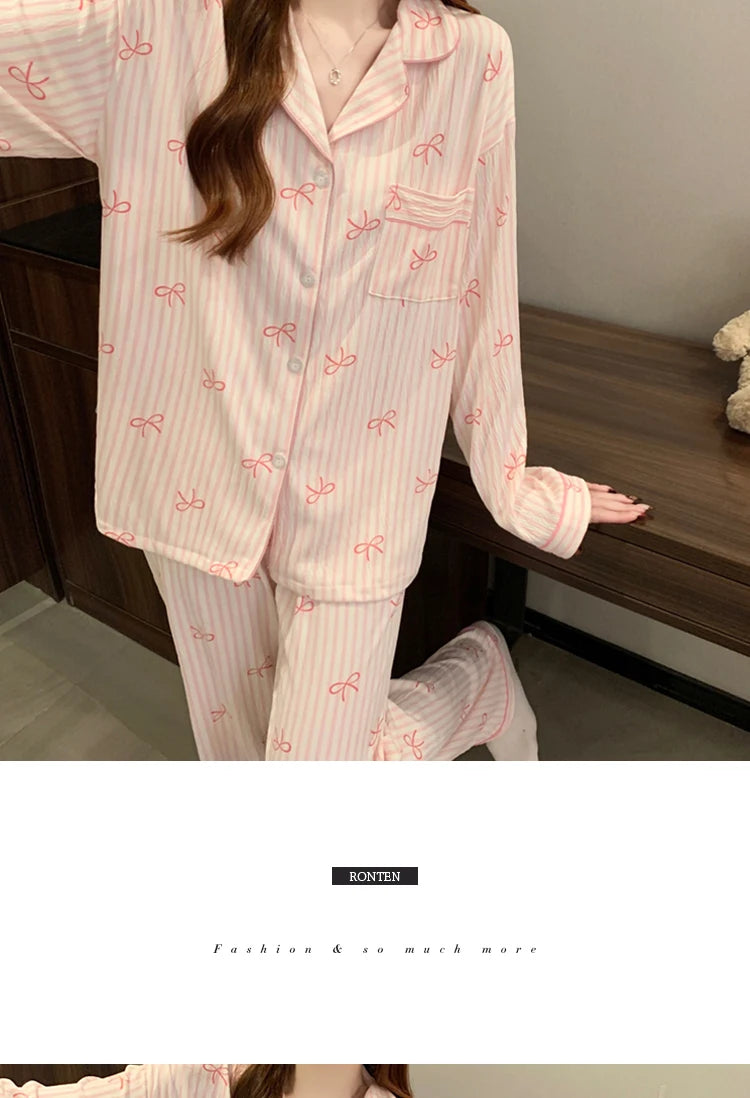 Pink Bow Tie Design Pajamas for Women Long Sleeve Top & Elastic Waist Pants Pajamas Set Harajuku Style Casual New Home Wear