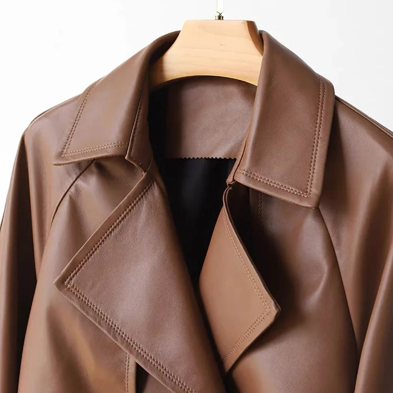 Leather Jacket for Women Spring Double-Breasted Belt Waist Closing Slim Ceket Kadın Imported Sheepskin Loose Short Trench Coat