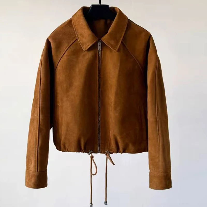 Suede Leather Flower Bud Jacket for Women Trendy Kid Suede Drawstring Silhouette Short Coat Streetwear Chill Casaco Feminino