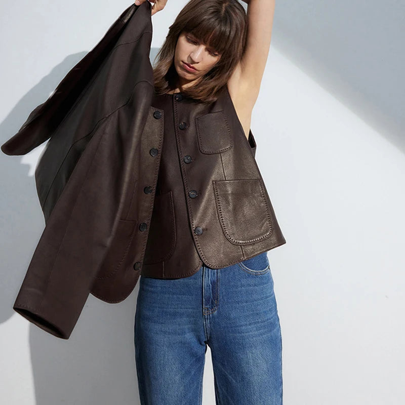 Women's Autumn Clothing European High Quality Sheepskin Casual O-Neck Single-Breasted Coffee Litchi Stria Genuine Leather Jacket