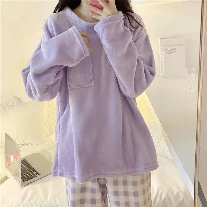 CHUANGERM Women's Casual Winter Fleece Pajamas Set, Thick Warm Soft Plaid Top And Pants Home Suit Pyjamas