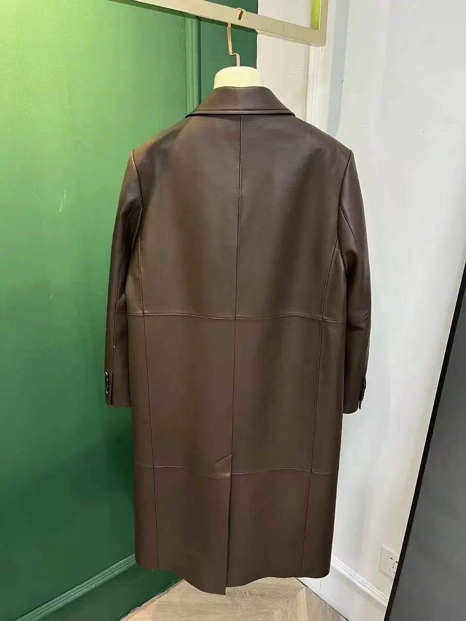 LUXURY Leather Outer Garment Women 2026 Suit Collar Double-Breasted Black Coffee Long Coat Women Streetwear Gabardina de Mujer
