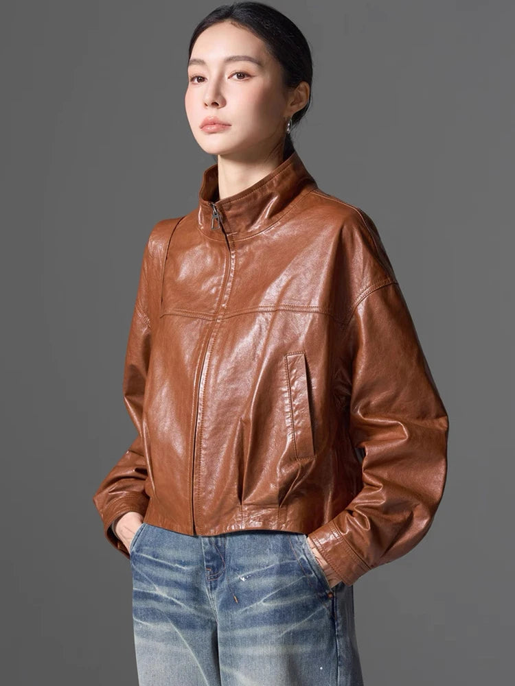 Women Spring Black Genuine Sheepskin Leather Short Jacket Coat Autumn Real Leather Jacket