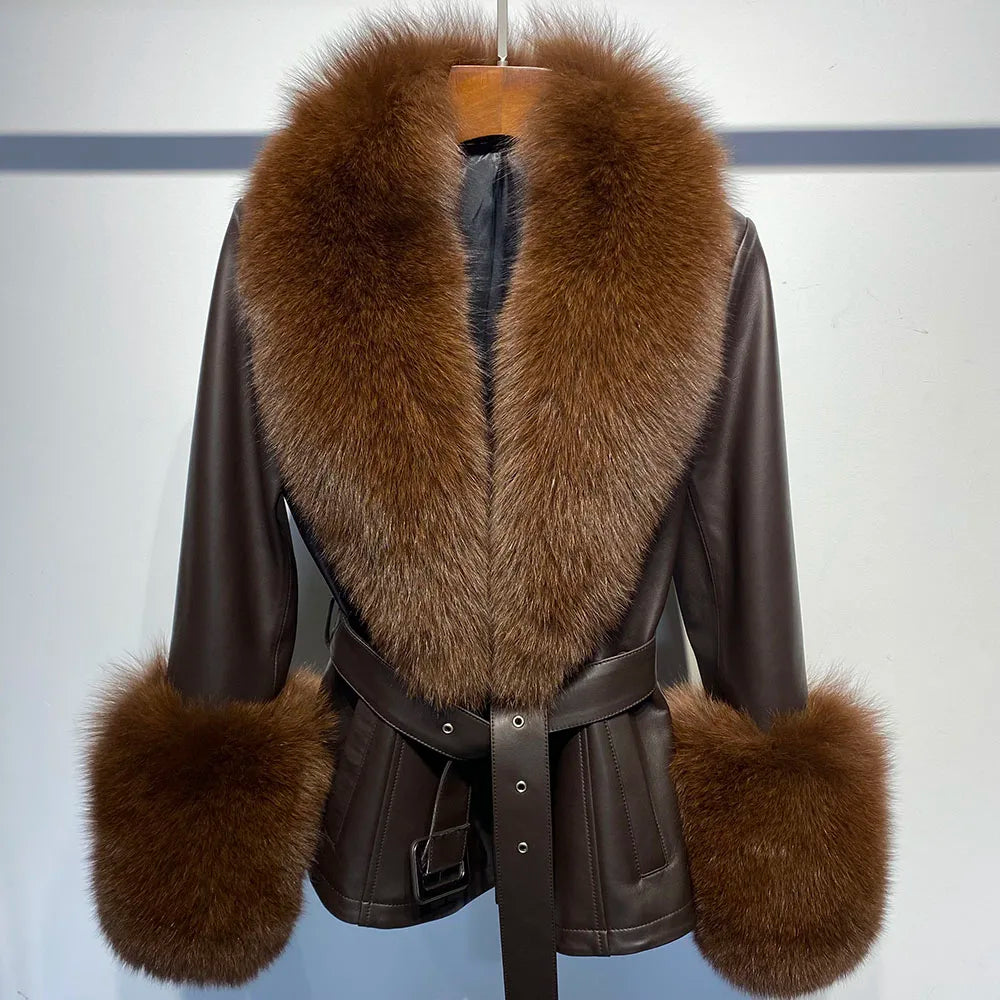 YOLOAgain Women's Real Fox Fur Collar Sheepskin Leather Jacket Coat Autumn 2025