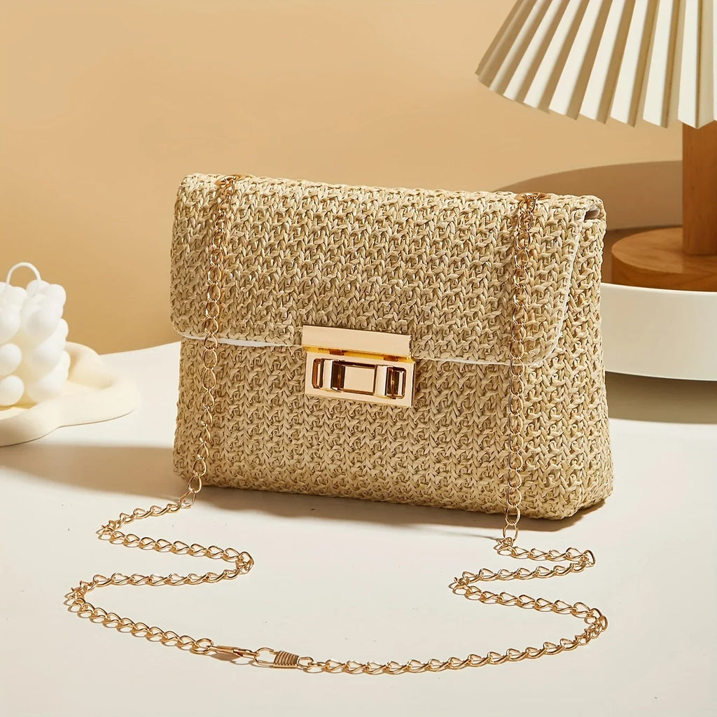 Woven Straw Handwoven Women's Shoulder Bag, Fashion Solid Color Crossbody Purse with Lock Closure