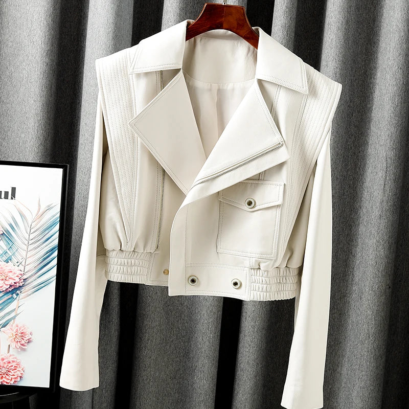 Jacket For Women 2025 New European Genuine Leather Coat Female Zipper Large Lapel Short Oversize Locotive Whtie Jaqueta Feminina