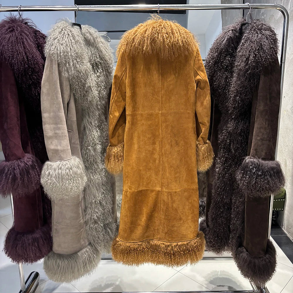 YOLOAgain Mongolia Sheep Fur Collar Real Leather Coat Women Suede Jacket 2025 Winter Outerwear