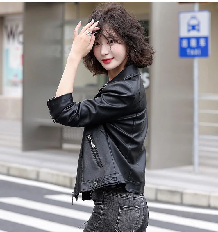 New Women Spring Autumn Leather Jacket Fashion Suit Collar Long Sleeve Motorcycle Jacket Casual Short Biker Coat Split Leather