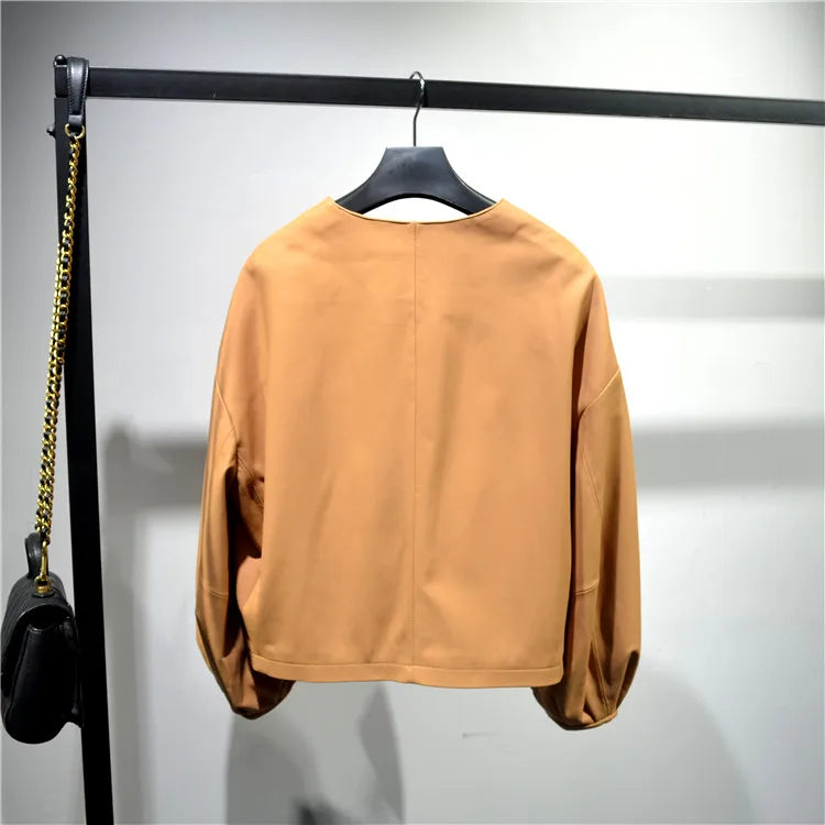 Autumn Puff Sleeve Genuine Leather Jacket Women 100% Sheepskin Collarless Cardigan Casacas Loose Small Short Blouson Cuir Femme