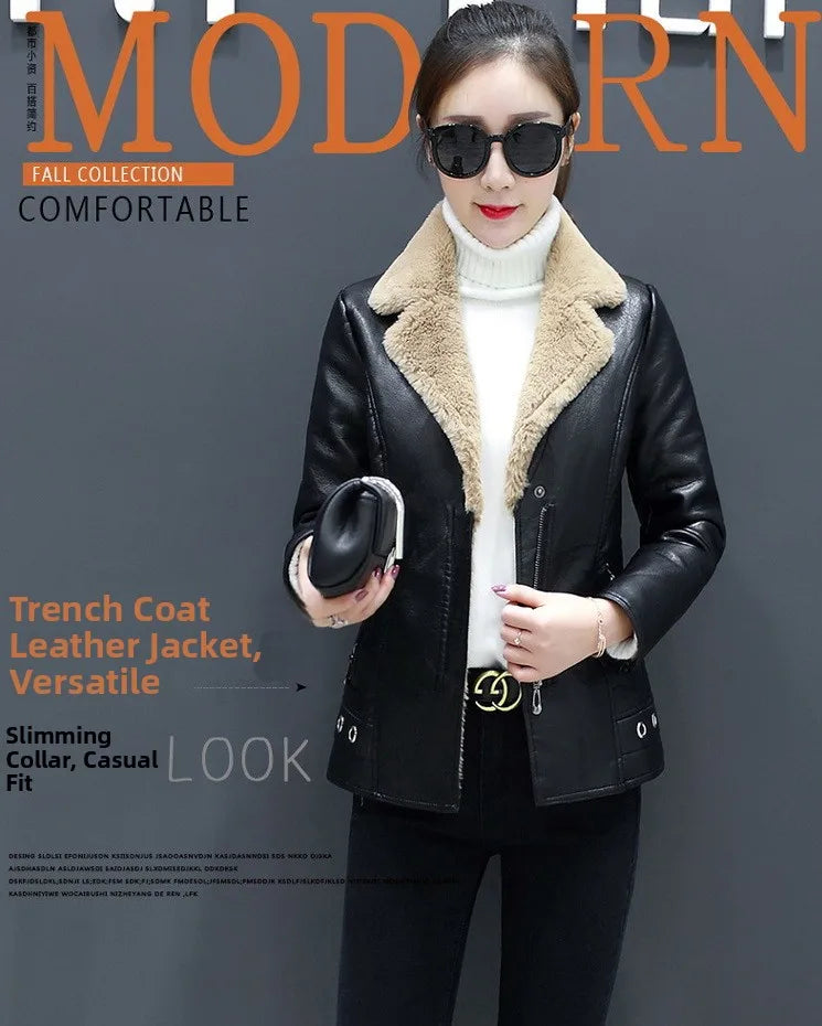 Women's Biker Style Thickened Short Leather Jacket Autumn Winter Street Fashion PU Material Versatile Outerwear Coat