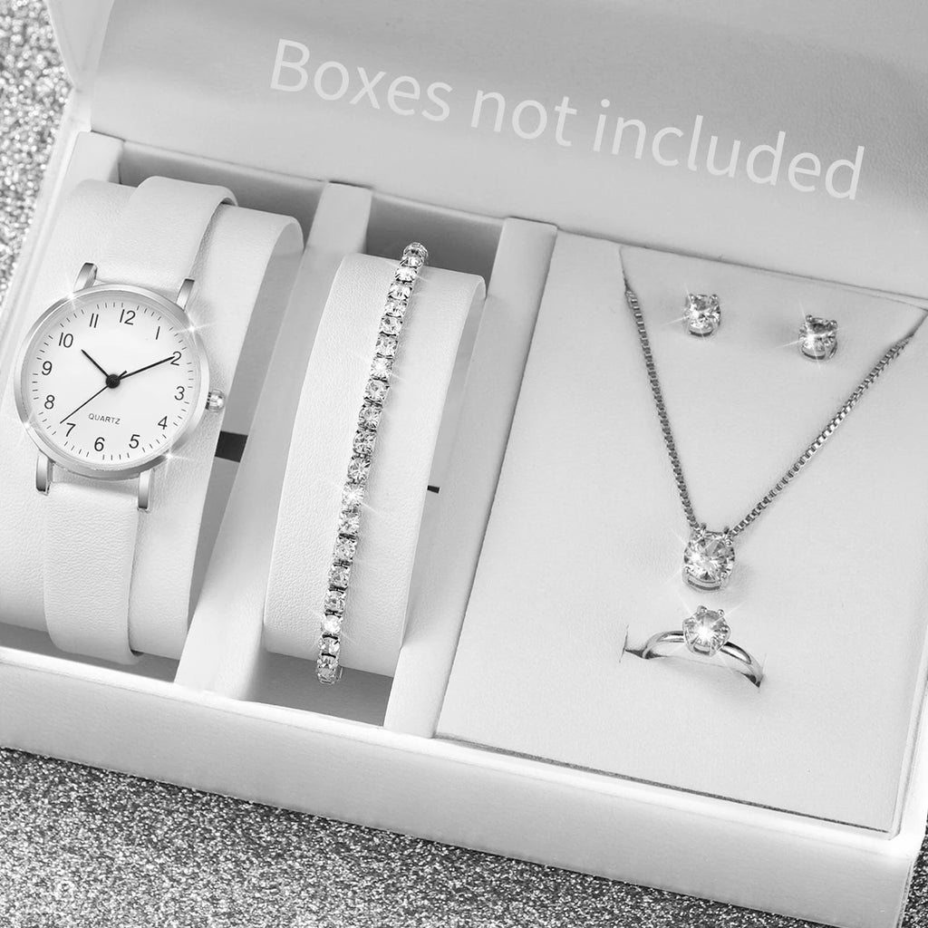 5/6PCS Fashion Women's Quartz Watch Leather Band Analog Quartz Watches with Diamond Jewelry (Without Box)