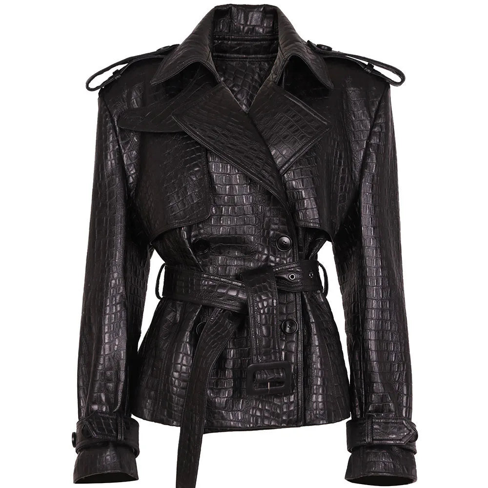 YOLOAgain High Quality Suede Leather Jacket Women With Belt Double Breasted Croc Pattern Jacket Female
