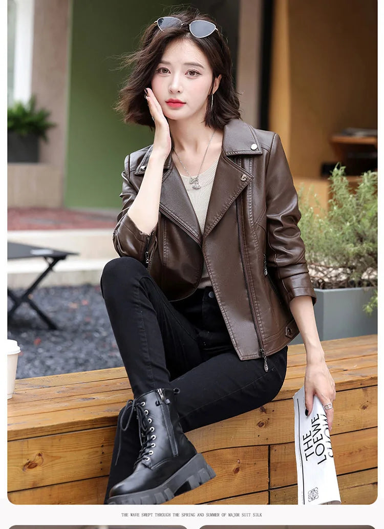 New Women Spring Autumn Leather Jacket Fashion Suit Collar Long Sleeve Motorcycle Jacket Casual Short Biker Coat Split Leather