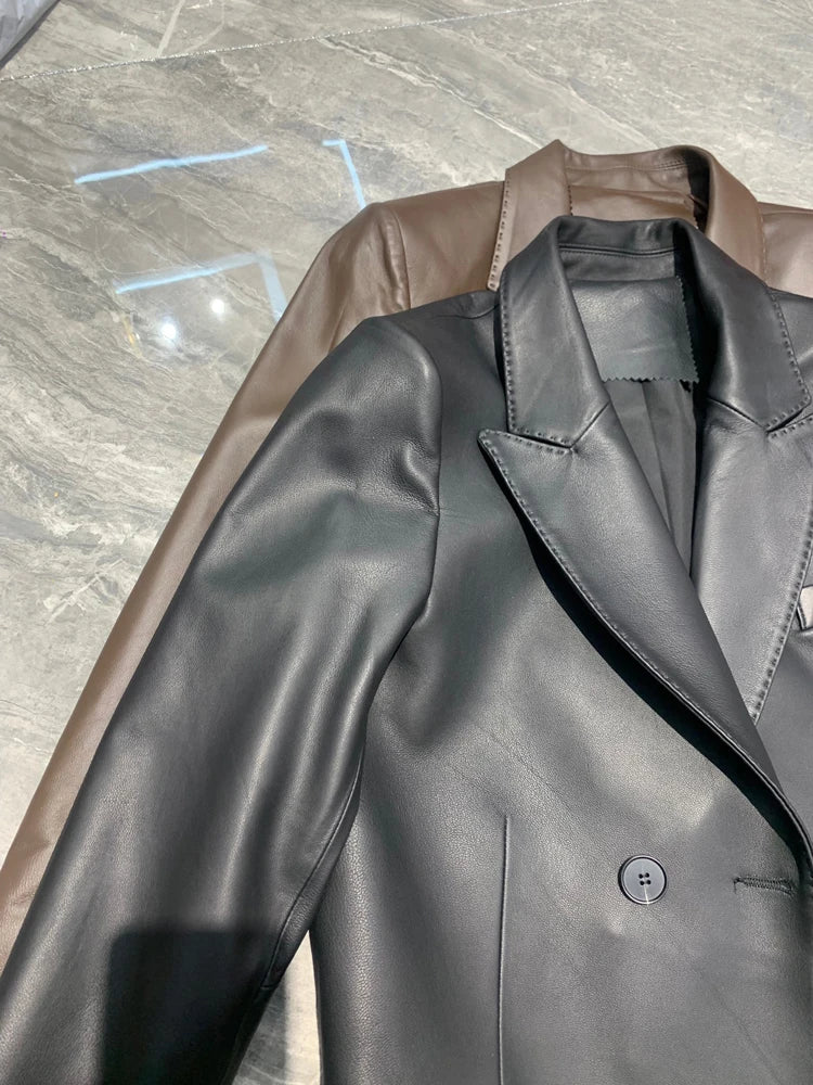 Suit Leather Jacket For Women 2025 Female 100% Sheepskin Lined Suit Collar Slim Short Quilted Coats Retro OL Sobretudo Feminino