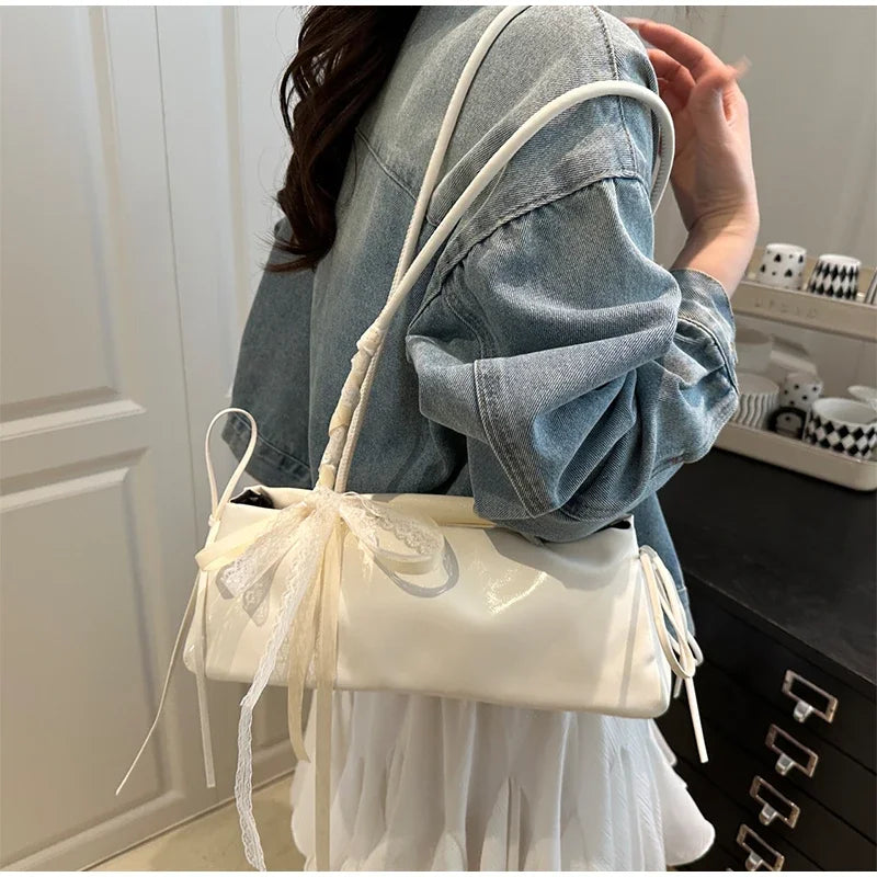 French Elegant Square Bag Korean Bow Decoration Pu High-quality Bag Niche Simple Ballet Style Shoulder Bag New Casual Women Bags