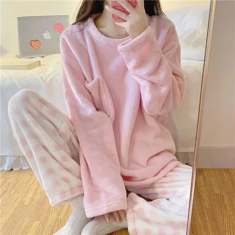 CHUANGERM Women's Casual Winter Fleece Pajamas Set, Thick Warm Soft Plaid Top And Pants Home Suit Pyjamas