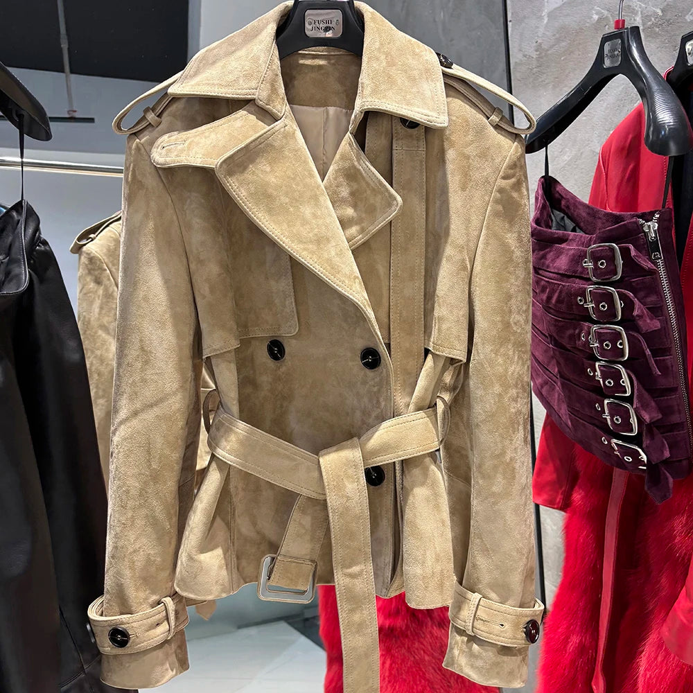 YOLOAgain High Quality Suede Leather Jacket Women With Belt Double Breasted Croc Pattern Jacket Female