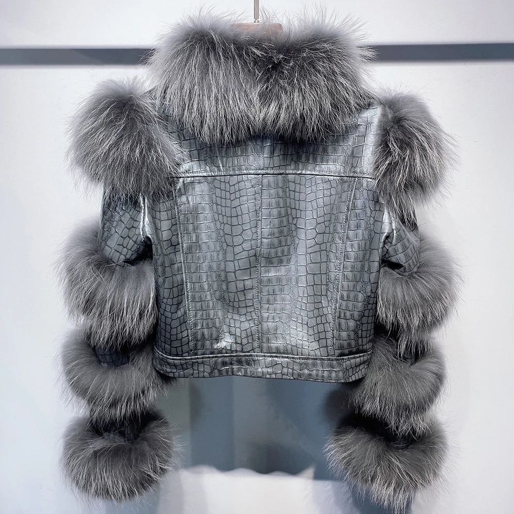 YOLOAgain Women's Natural Fox Fur Jacket Real Leather Cropped Jacket Streetwear