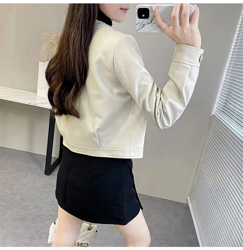 Genuine Sheepskin Casacas Para Mujer Women Casual V-neck Short Khaki/White/Black Leather Jacket Feminino Slim Tops Trendy Pocket