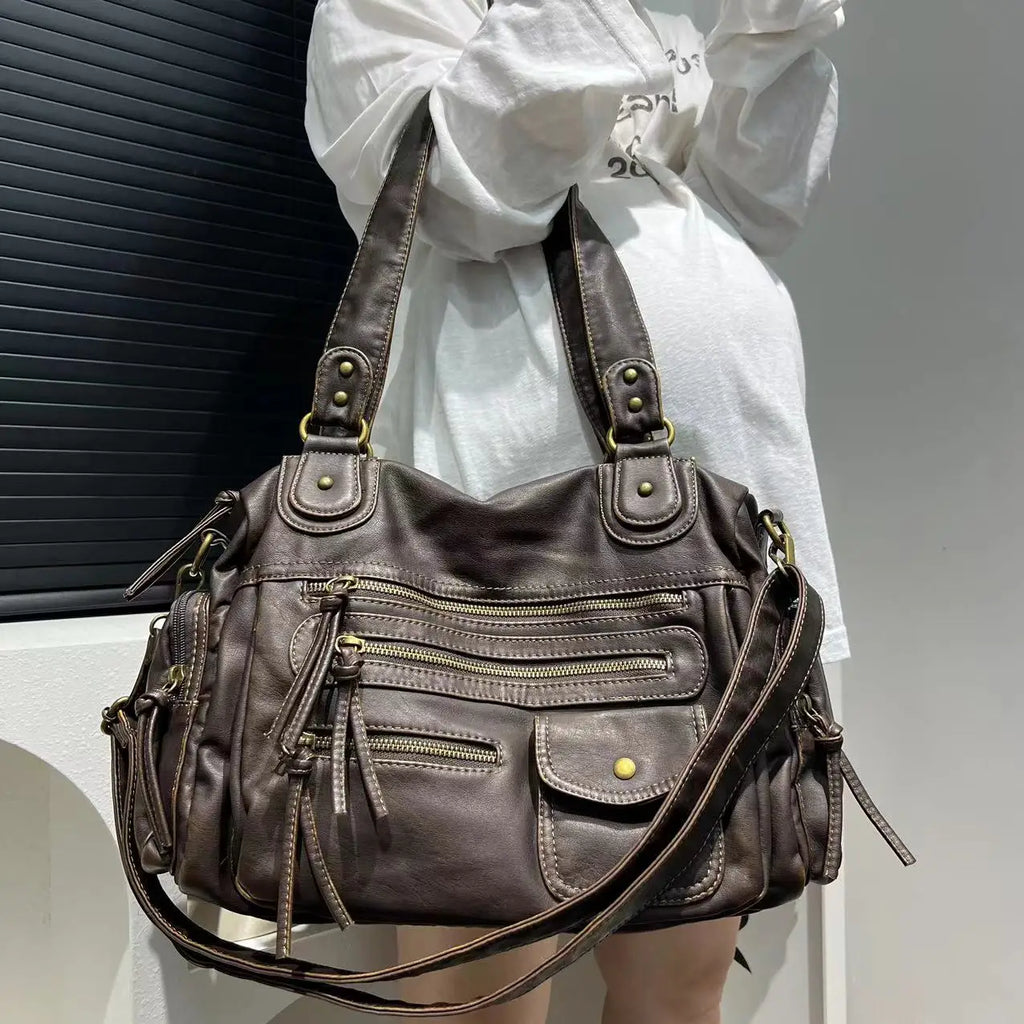 Y2K Hot Girl Single Shoulder Crossbody Bag Vintage Washed Leather Motorcycle Bag Large Capacity Multi Pocket Bag
